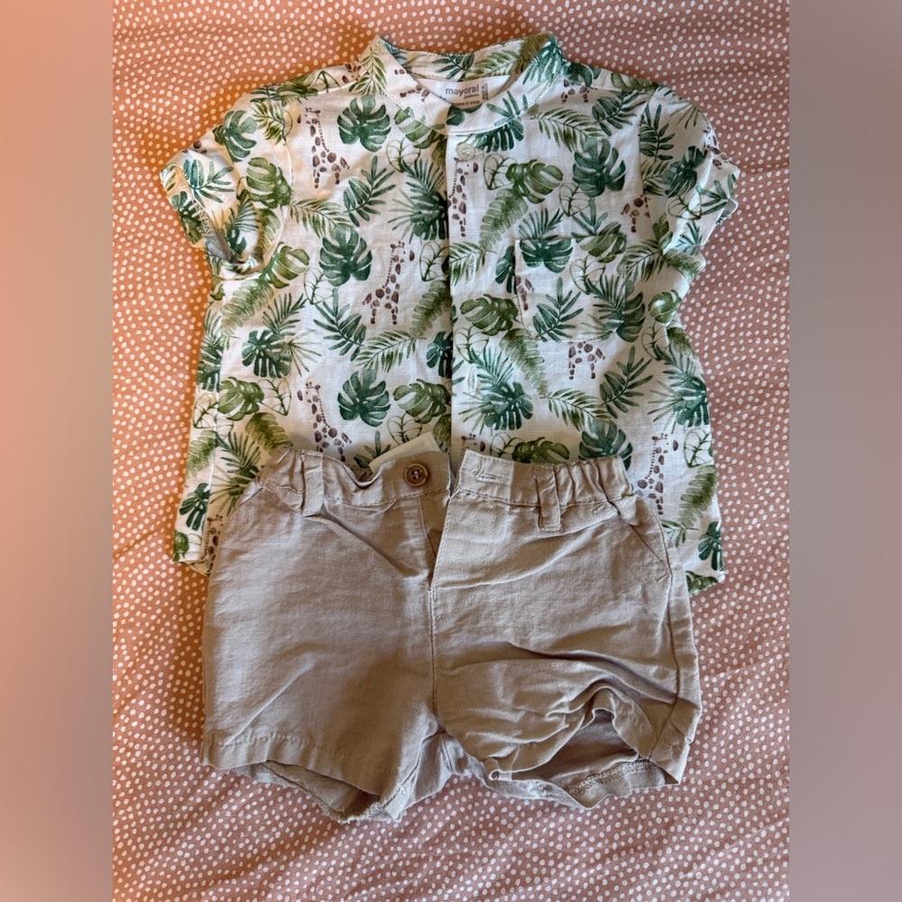 Mayoral 6-9 Months Leaf Print Shirt and Tan Shorts Set - Cotton/Linen blend